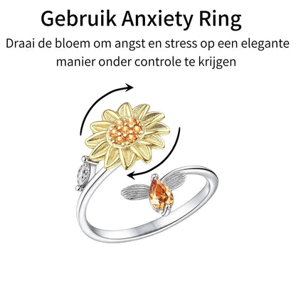 Anxiety Ring (Draairing Zonnebloem en Bij) Zilver plated koper uitleg